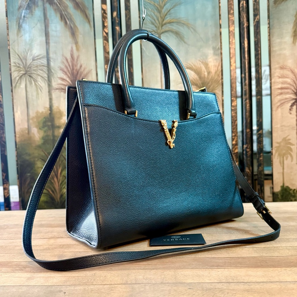 Versace Black Grained Calfskin Leather Virtus Satchel Top Handle Bag Tote Purse - Picture 2 of 15